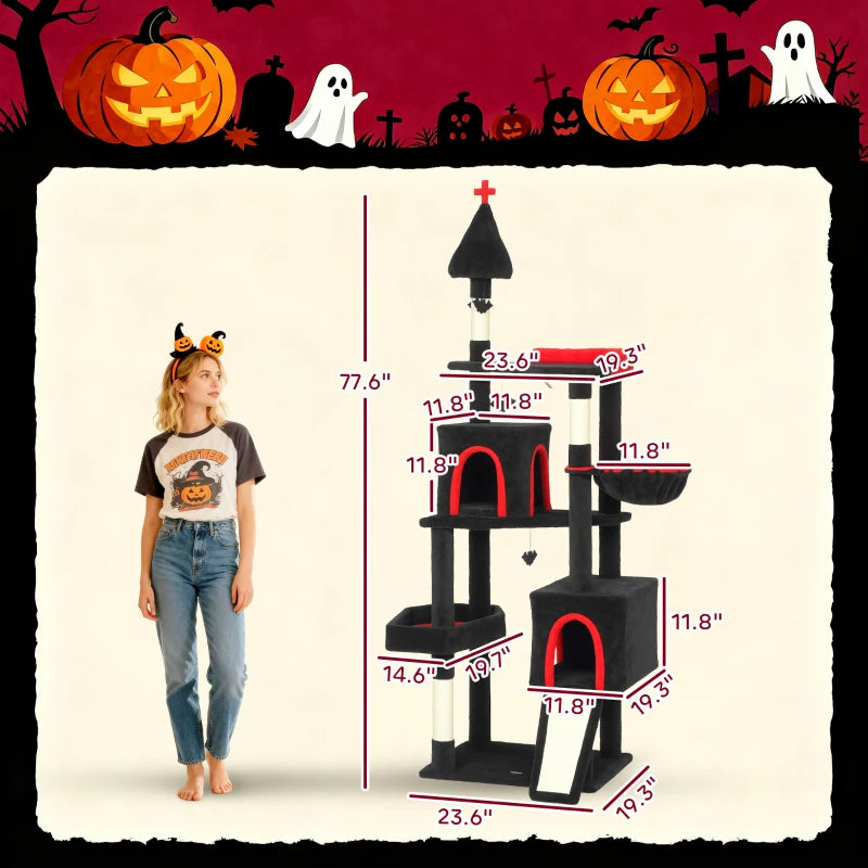 Gothic Coffin Cat Tree with Bat Toys, 77.6 in